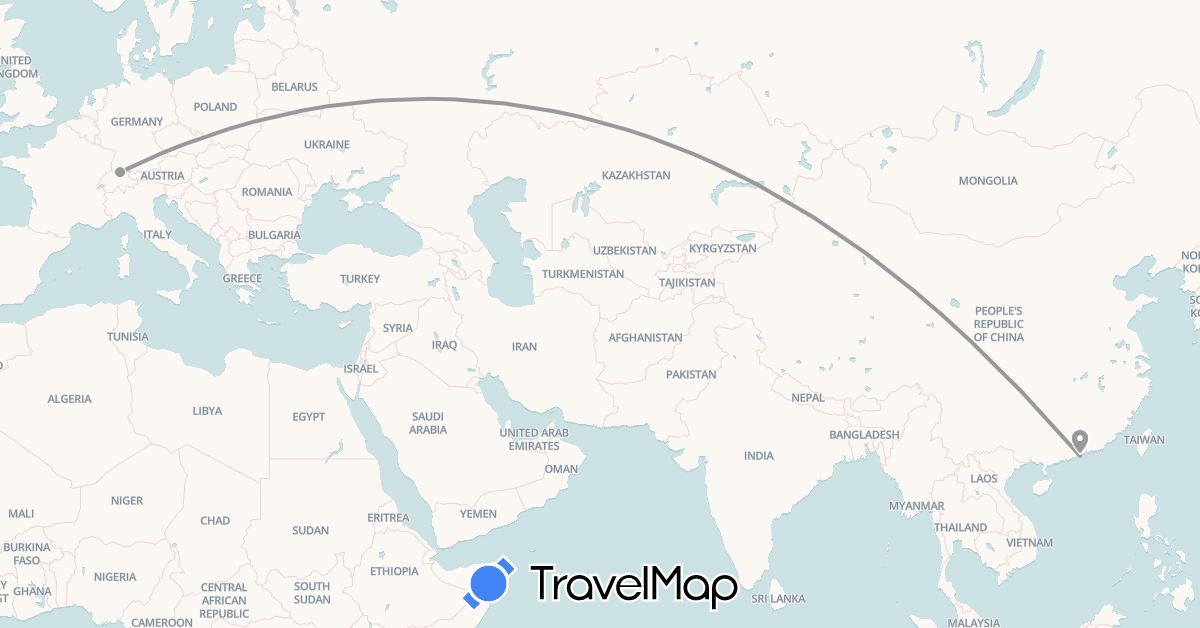 TravelMap itinerary: driving, plane in Switzerland, China (Asia, Europe)